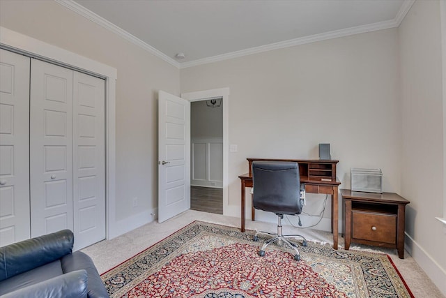 carpeted office space featuring ornamental molding