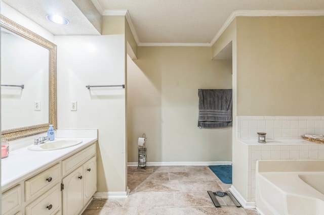 bathroom with crown molding, a bath, vanity, and baseboards