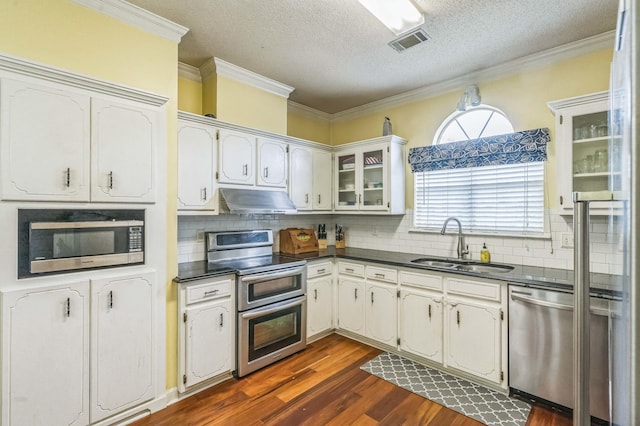 kitchen featuring appliances with stainless steel finishes, a sink, under cabinet range hood, dark countertops, and dark wood finished floors