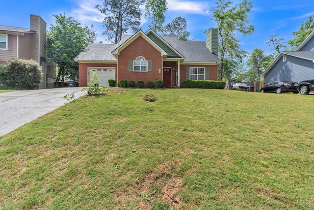 view of front of home featuring brick siding, a garage, a chimney, driveway, and a front lawn