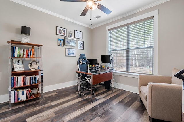 134 Twelve Oaks Dr, Mccormick, SC 29835 - office area with visible vents, baseboards, ceiling fan, ornamental molding, and wood finished floors