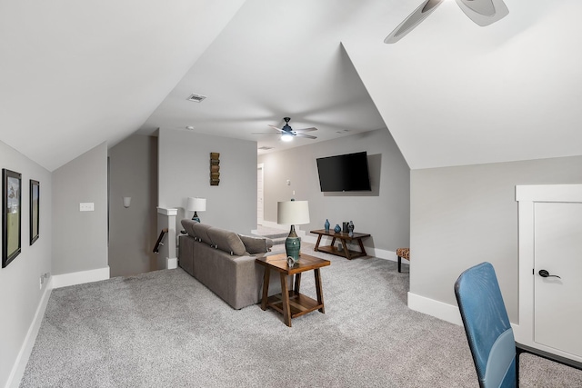 134 Twelve Oaks Dr, Mccormick, SC 29835 - living area with visible vents, baseboards, light colored carpet, lofted ceiling, and a ceiling fan