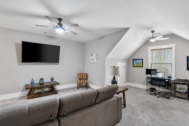 134 Twelve Oaks Dr, Mccormick, SC 29835 - carpeted living area with vaulted ceiling, a ceiling fan, baseboards, and visible vents