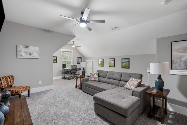134 Twelve Oaks Dr, Mccormick, SC 29835 - carpeted living room with visible vents, baseboards, lofted ceiling, and a ceiling fan