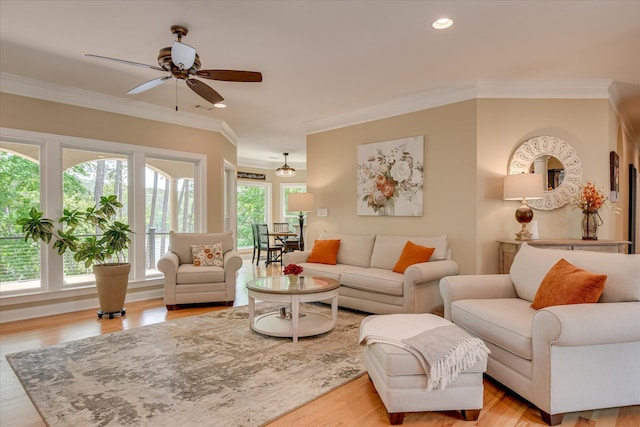 209 Apple Ln, Mccormick, SC 29835 - living room featuring ceiling fan, ornamental molding, wood finished floors, and recessed lighting