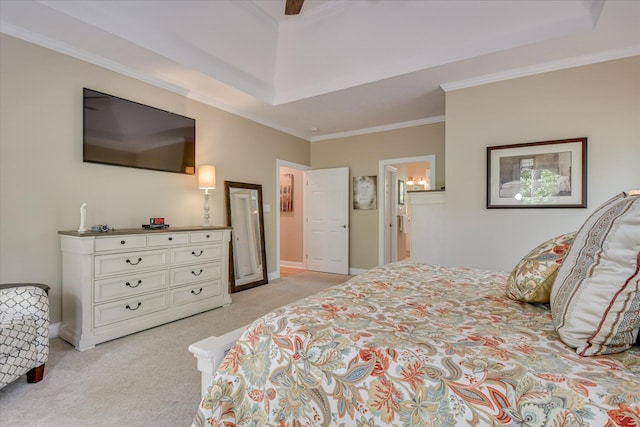 209 Apple Ln, Mccormick, SC 29835 - bedroom featuring light carpet, crown molding, a tray ceiling, connected bathroom, and a ceiling fan
