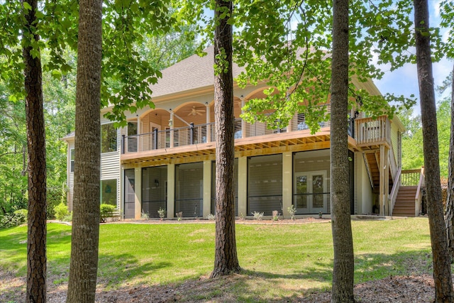 209 Apple Ln, Mccormick, SC 29835 - back of house with a balcony, ceiling fan, french doors, a yard, and stairs