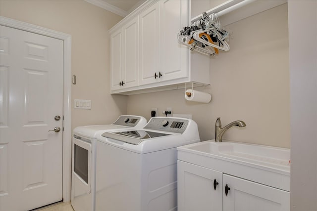 209 Apple Ln, Mccormick, SC 29835 - clothes washing area with washer and clothes dryer, cabinet space, and ornamental molding