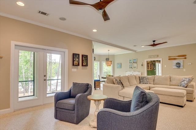 209 Apple Ln, Mccormick, SC 29835 - living area with a ceiling fan, carpet flooring, ornamental molding, recessed lighting, and french doors