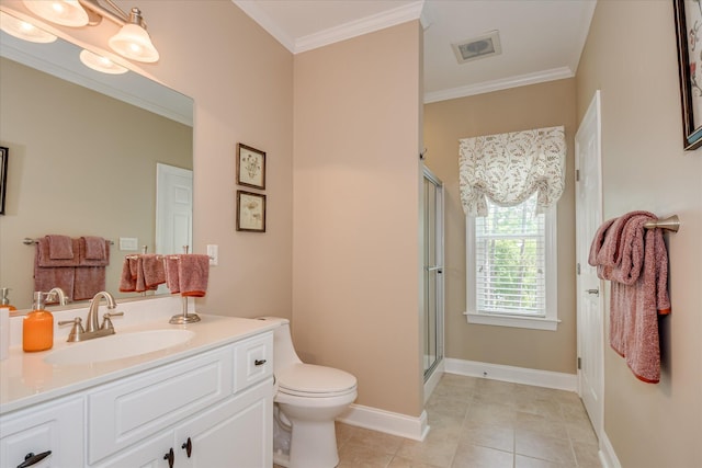 209 Apple Ln, Mccormick, SC 29835 - bathroom featuring a stall shower, tile patterned floors, toilet, vanity, and ornamental molding