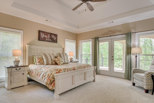 209 Apple Ln, Mccormick, SC 29835 - bedroom featuring light colored carpet, access to outside, french doors, a tray ceiling, and ornamental molding