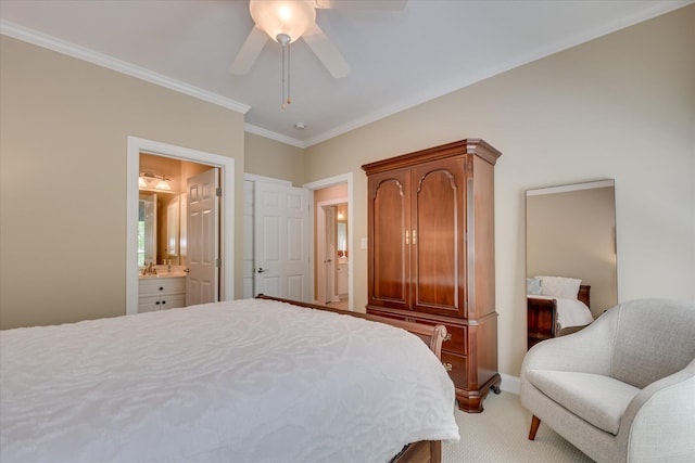 209 Apple Ln, Mccormick, SC 29835 - bedroom featuring light colored carpet, ornamental molding, connected bathroom, ceiling fan, and baseboards