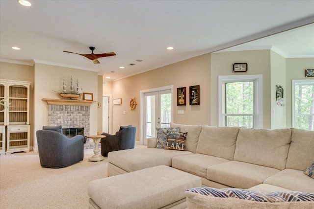 209 Apple Ln, Mccormick, SC 29835 - carpeted living room featuring a fireplace, ornamental molding, recessed lighting, and ceiling fan