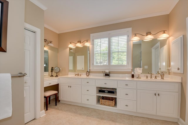 209 Apple Ln, Mccormick, SC 29835 - bathroom with crown molding, double vanity, and tile patterned flooring