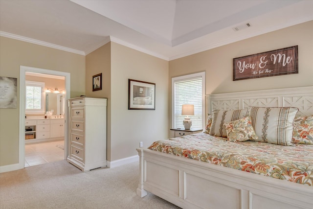 209 Apple Ln, Mccormick, SC 29835 - bedroom with light colored carpet, ornamental molding, baseboards, and ensuite bathroom