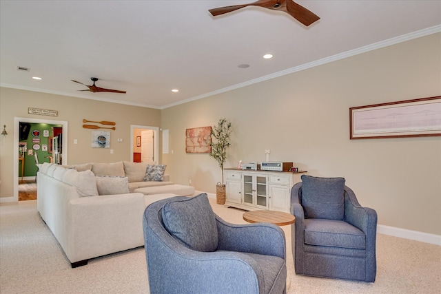 209 Apple Ln, Mccormick, SC 29835 - living area with ceiling fan, light carpet, recessed lighting, crown molding, and baseboards