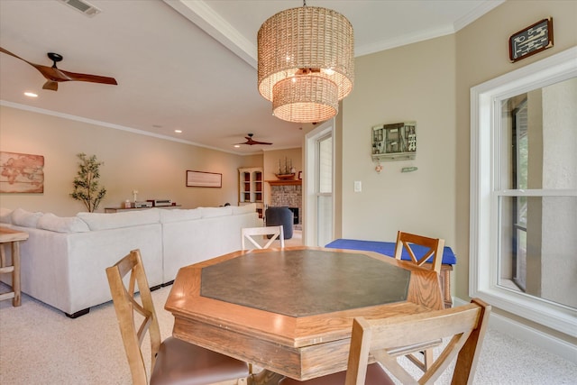 209 Apple Ln, Mccormick, SC 29835 - dining room featuring ceiling fan, light carpet, ornamental molding, recessed lighting, and a chandelier