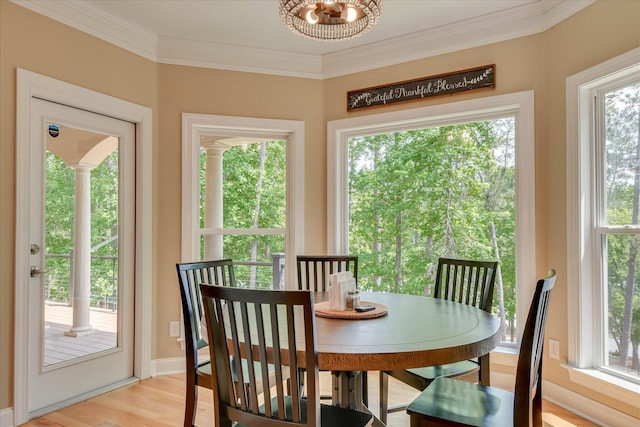 209 Apple Ln, Mccormick, SC 29835 - dining space featuring plenty of natural light, crown molding, light wood-style flooring, and a chandelier