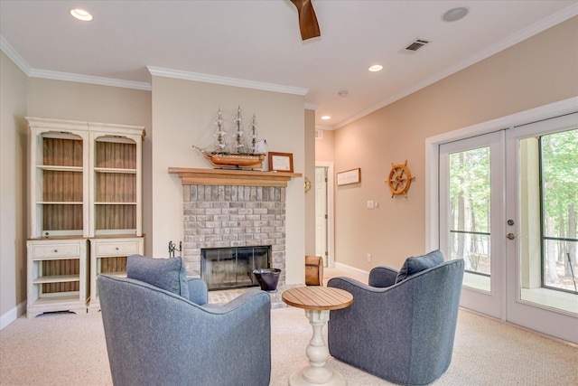 209 Apple Ln, Mccormick, SC 29835 - carpeted living room with a fireplace, recessed lighting, baseboards, ceiling fan, and crown molding
