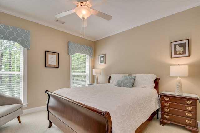 209 Apple Ln, Mccormick, SC 29835 - bedroom featuring light colored carpet, crown molding, baseboards, and a ceiling fan