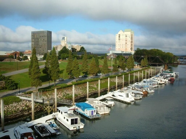 bird's eye view with a water view