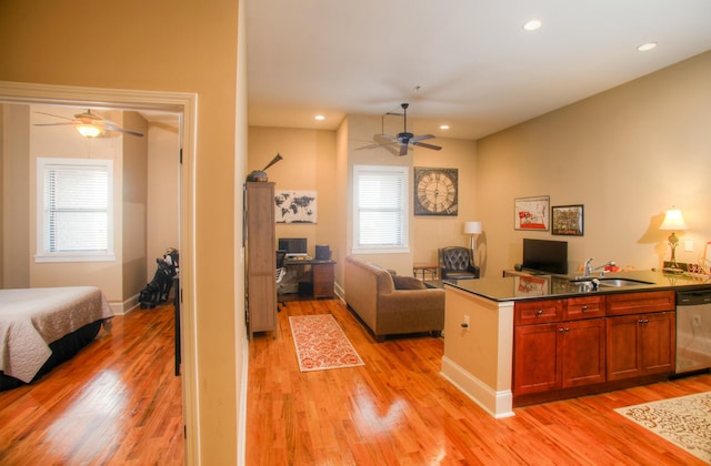 kitchen with ceiling fan, sink, stainless steel dishwasher, and light wood-type flooring