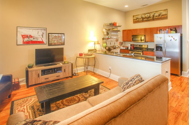 living room with sink and light hardwood / wood-style floors