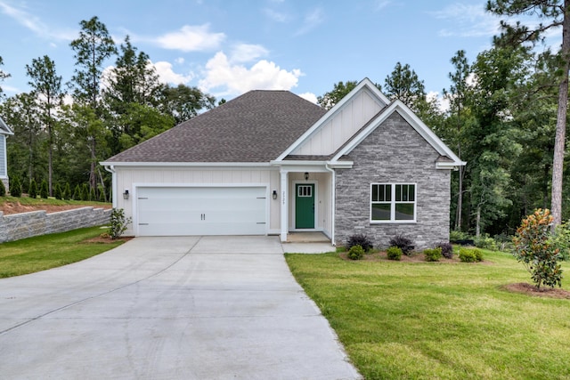 craftsman-style home with a garage and a front lawn