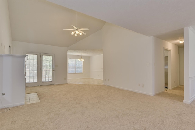 1008 Storey Mill Ct, Hephzibah, GA 30815 - unfurnished living room with carpet, a chandelier, a ceiling fan, and high vaulted ceiling