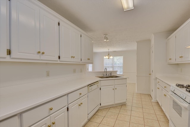 1008 Storey Mill Ct, Hephzibah, GA 30815 - kitchen featuring white appliances, white cabinets, a chandelier, and light tile patterned flooring