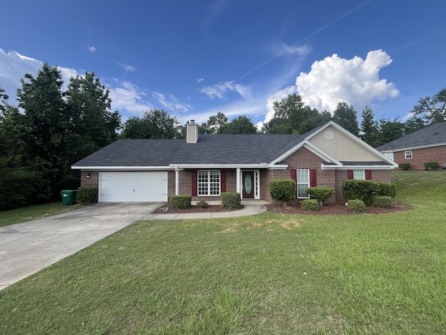 2030 Lake Forest Dr, Grovetown, GA 30813 - ranch-style house featuring brick siding, an attached garage, concrete driveway, a front lawn, and a chimney