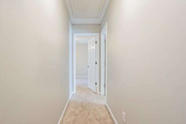 hallway with light colored carpet and baseboards