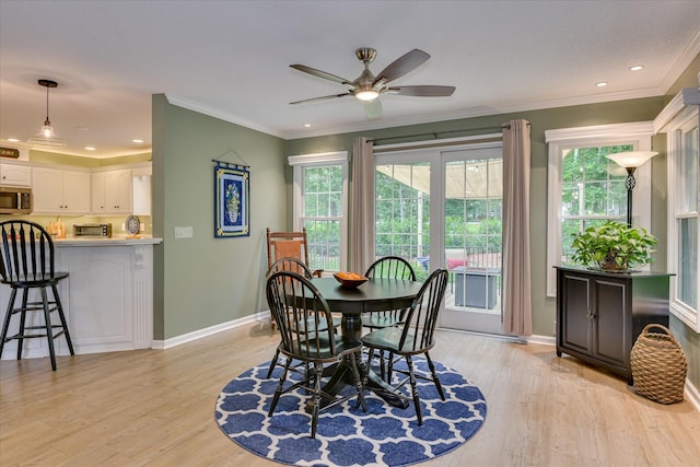 138 Evergreen Ln, Mccormick, SC 29835 - dining room with light wood-type flooring, ceiling fan, baseboards, ornamental molding, and recessed lighting
