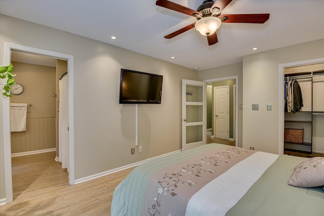 138 Evergreen Ln, Mccormick, SC 29835 - bedroom with light wood-style floors, a wainscoted wall, recessed lighting, a ceiling fan, and baseboards