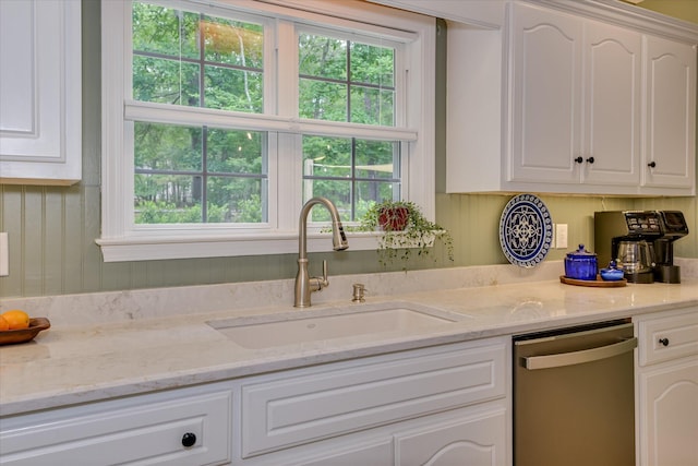 138 Evergreen Ln, Mccormick, SC 29835 - kitchen featuring dishwasher, a sink, white cabinetry, and light stone counters