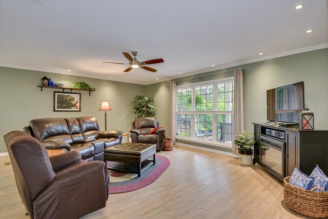 138 Evergreen Ln, Mccormick, SC 29835 - living area featuring recessed lighting, a ceiling fan, light wood-style floors, baseboards, and ornamental molding