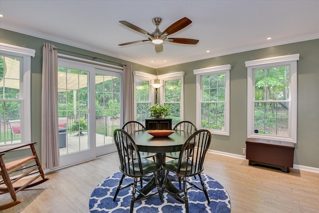 138 Evergreen Ln, Mccormick, SC 29835 - dining room with light wood finished floors, recessed lighting, baseboards, ceiling fan, and ornamental molding