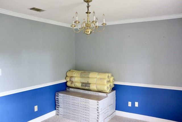 interior space featuring visible vents, carpet, baseboards, and a chandelier