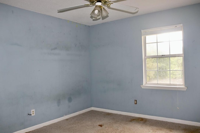 carpeted spare room with a healthy amount of sunlight, baseboards, and a ceiling fan