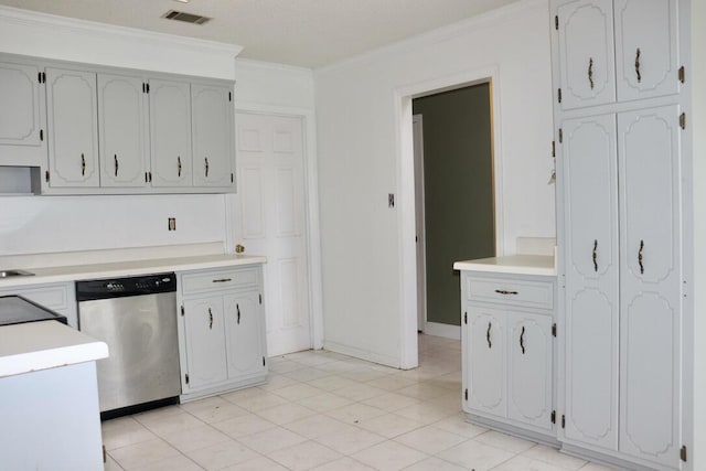 kitchen with stainless steel dishwasher, visible vents, ornamental molding, and light countertops