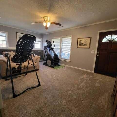 workout area featuring a ceiling fan, baseboards, carpet floors, a textured ceiling, and crown molding