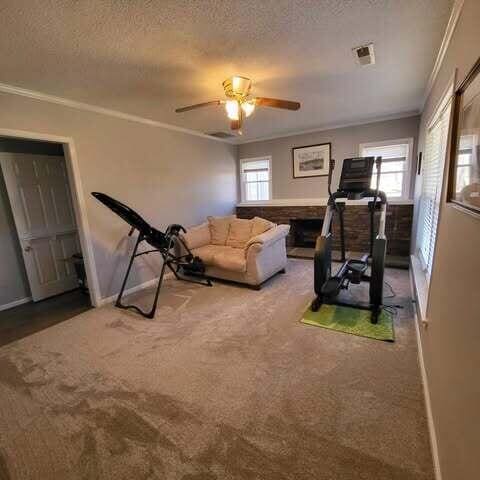 workout room with carpet flooring, a healthy amount of sunlight, and crown molding