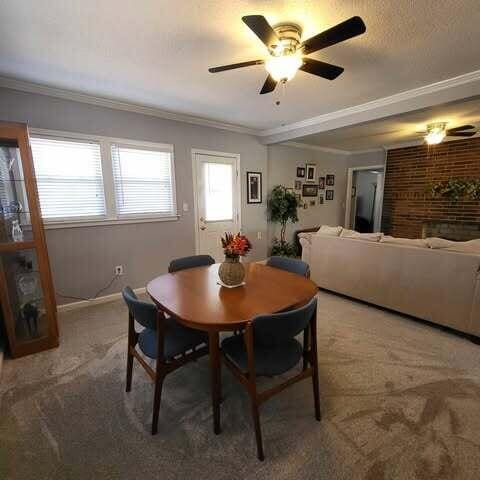 dining room featuring ceiling fan, ornamental molding, baseboards, and light carpet