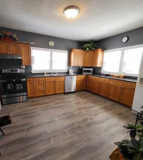 kitchen with brown cabinetry, a textured ceiling, stainless steel appliances, and wood finished floors