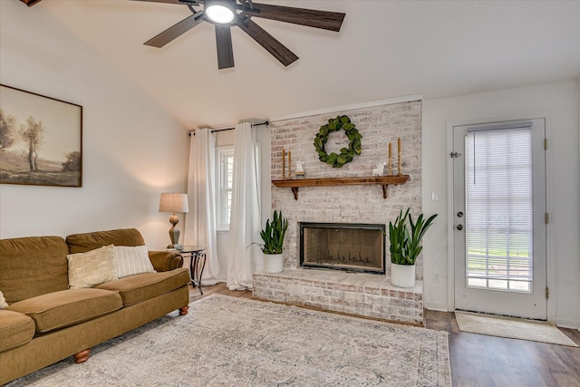360 Stagecoach Way, Martinez, GA 30907 - living room with a ceiling fan, wood finished floors, a fireplace, and vaulted ceiling