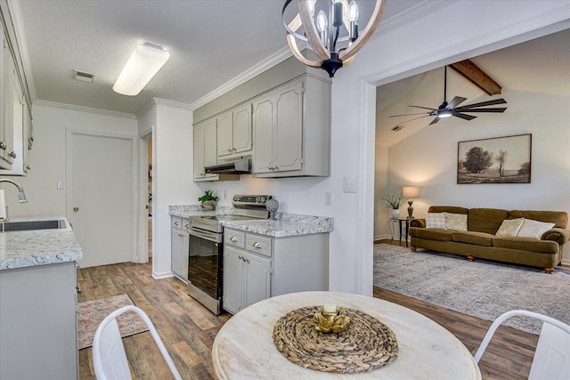 360 Stagecoach Way, Martinez, GA 30907 - kitchen with stainless steel electric stove, under cabinet range hood, wood finished floors, gray cabinets, and crown molding