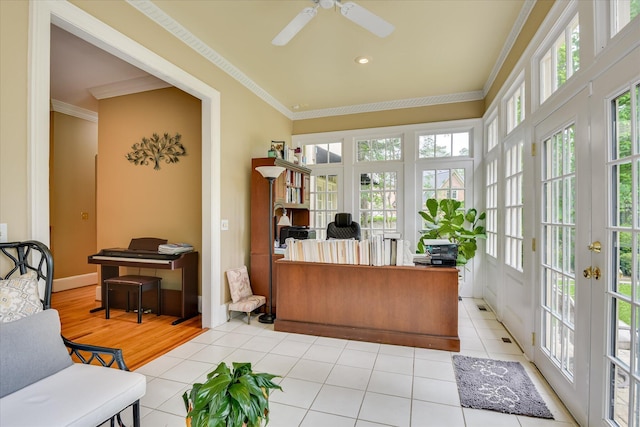 8 Tall Pine Ct, Augusta, GA 30909 - office area with crown molding, healthy amount of natural light, a ceiling fan, baseboards, and light tile patterned flooring