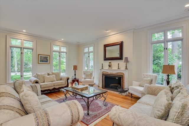 8 Tall Pine Ct, Augusta, GA 30909 - living room featuring ornamental molding, light wood-type flooring, a high end fireplace, and recessed lighting