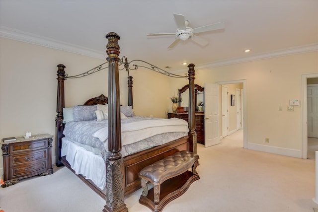 8 Tall Pine Ct, Augusta, GA 30909 - bedroom with ornamental molding, light colored carpet, baseboards, recessed lighting, and ceiling fan