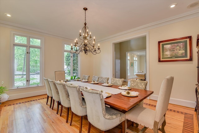 8 Tall Pine Ct, Augusta, GA 30909 - dining area with crown molding, a chandelier, baseboards, light wood-type flooring, and recessed lighting